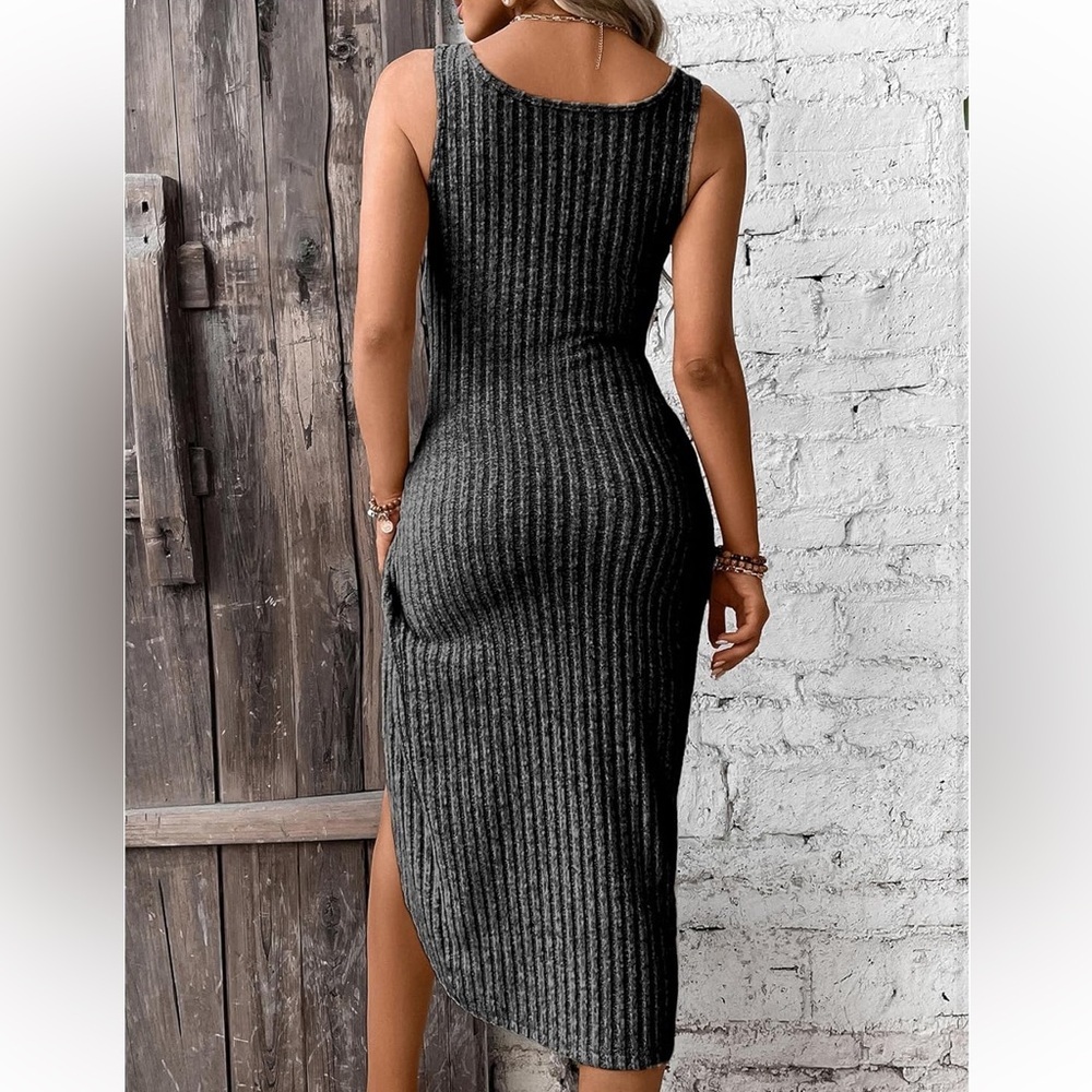 Ribbed knit twist front midi dress - Picture 2 of 7